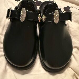 Source Unknown Black Mules with Silver Accents
